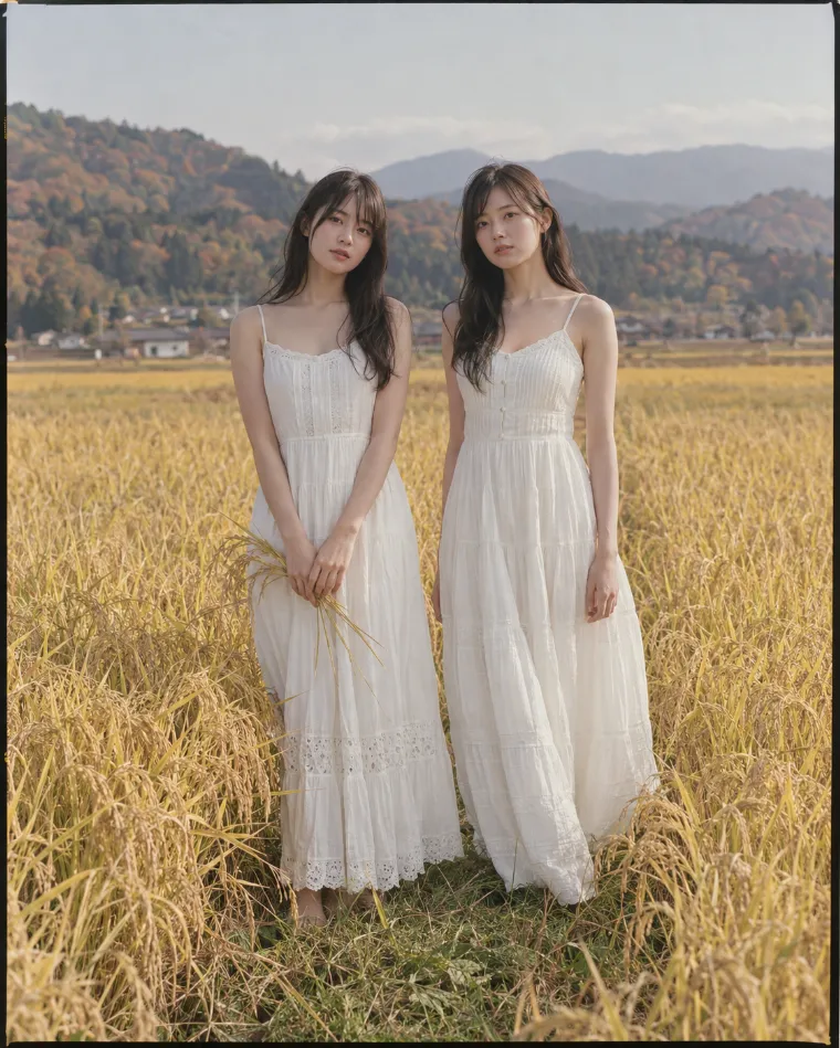 8×10大判フィルムで撮影したような写真。白いサンドレス姿の20歳の日本人女性2人が秋の稲穂畑で横に並んでいる。