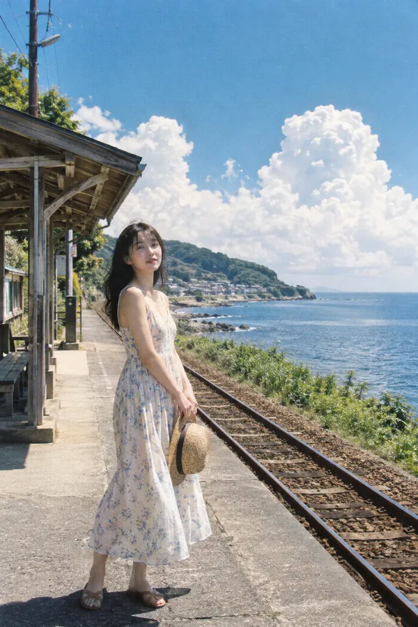 真夏の海辺の無人駅。青空と入道雲、海が見える写真の背景プロンプト作例。