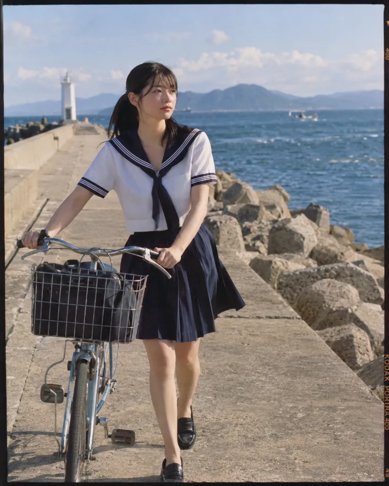 4×5大判フィルム、シノゴで撮影したような写真。セーラー服姿の20歳の日本人女性が夏の防波堤で自転車を押している。