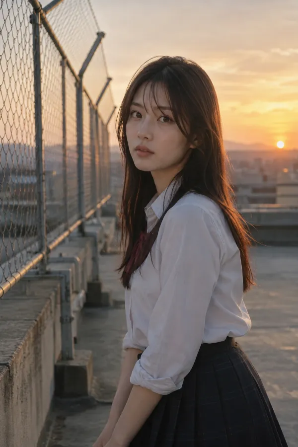 放課後の学校屋上。フェンス越しの夕焼けが広がる実写プロンプト作例。
