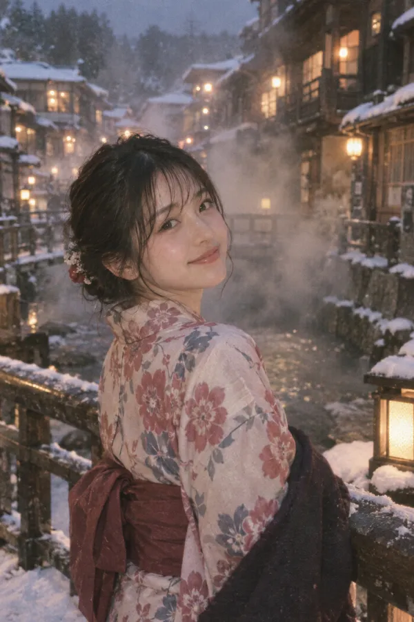 冬の温泉街。旅館が並ぶ街に湯けむりが漂う実写プロンプト作例。