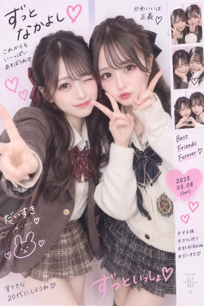プリクラ風に加工された写真。トラッド系ファッションの20歳の日本人女性が友人とポーズをとっている。