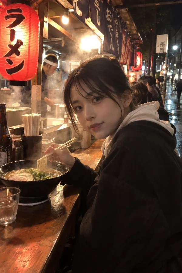 夜のラーメン屋台。赤提灯と湯気が立つ昔ながらの街角風景。