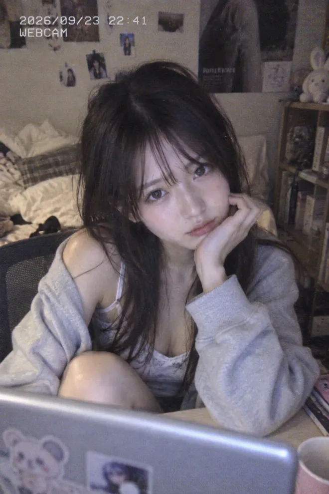 2000年代初期のWebカメラ風写真。ラフな服装の20歳の日本人女性がパソコンの前に座っている。