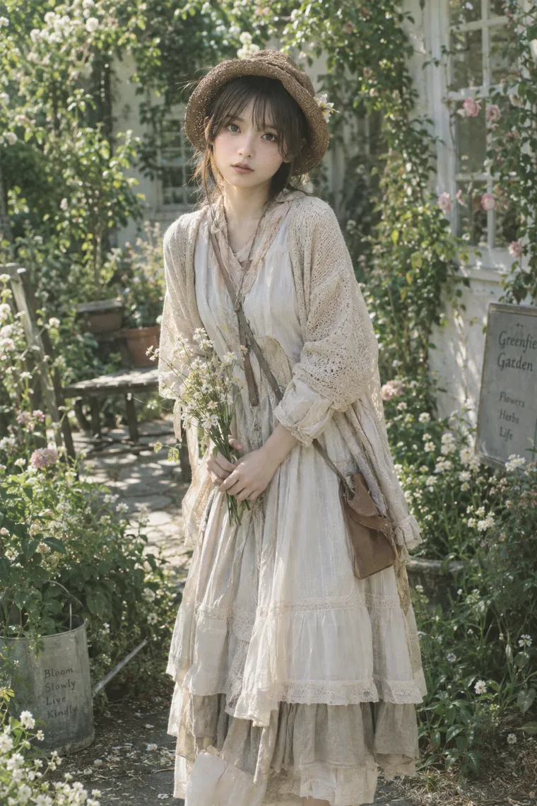 Fujifilmのアナログ写真風。森ガールファッションの20歳の日本人女性が初夏の庭園にいる。