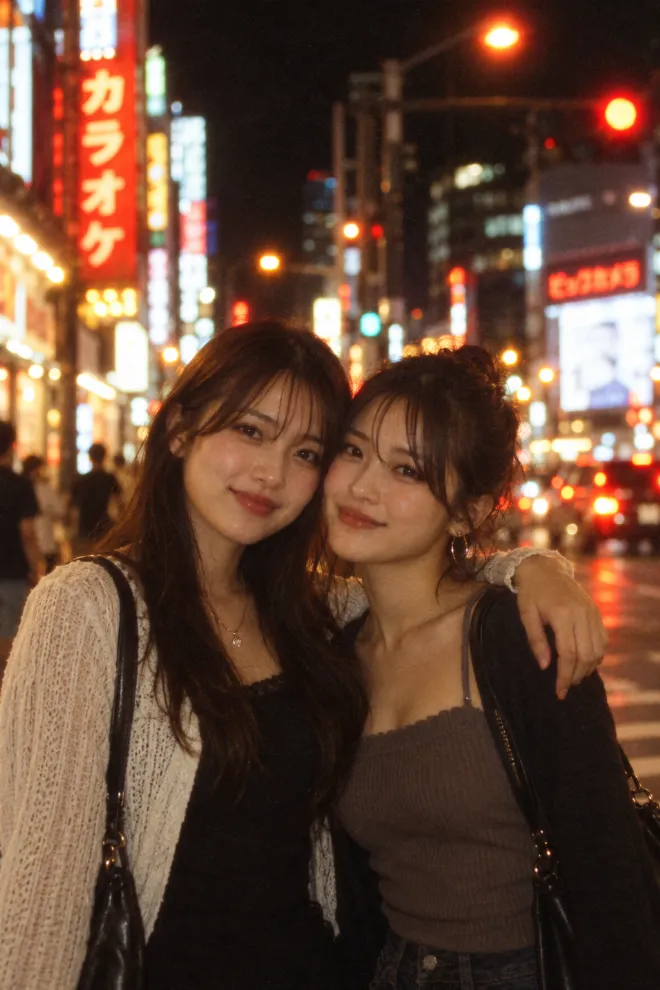 CineStill 800Tで撮影したような夜のフィルム写真。フェミニン系ファッションの20歳の日本人女性が夜の都会で友人と肩を組んで微笑んでいる。