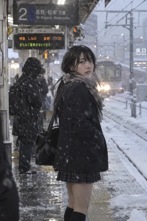吹雪の駅ホーム。雪が降り積もる冬の鉄道風景。