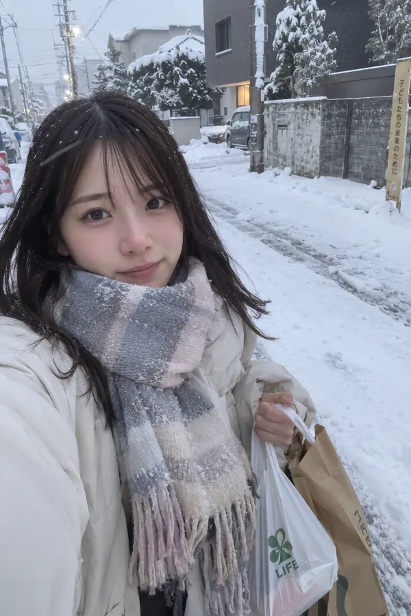 冬の雪道と住宅街。買い物帰りの日本人女性が歩く実写プロンプト作例。