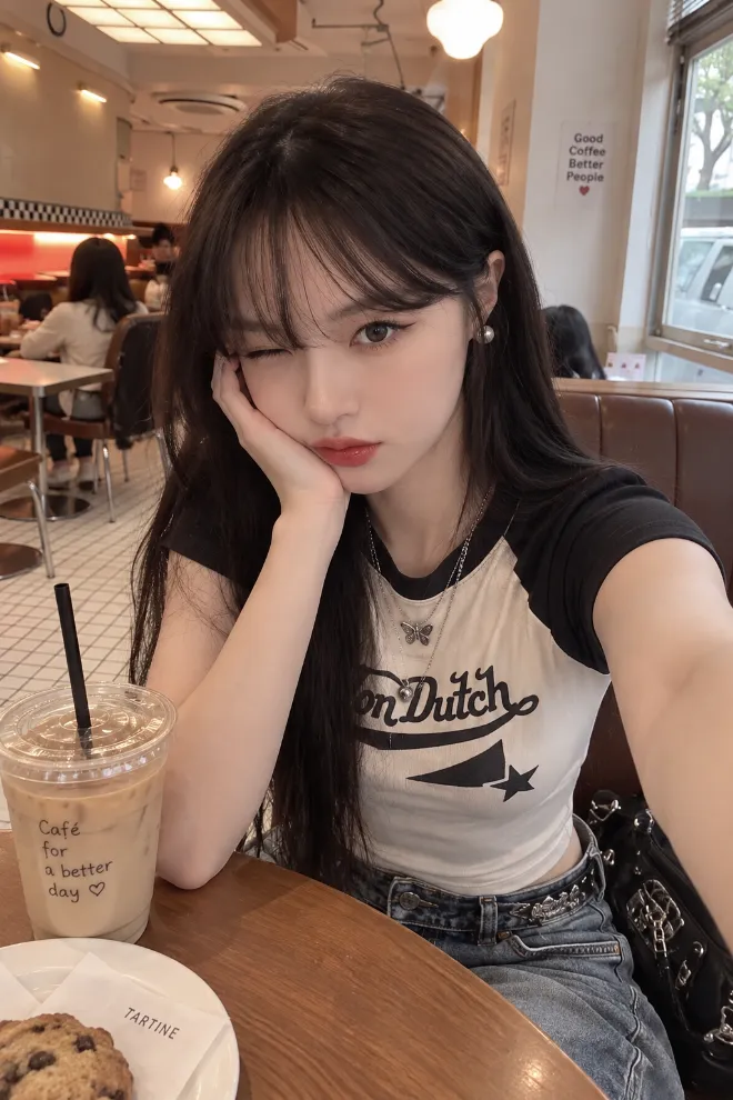 韓国オルチャン系セルフィー風。Y2Kファッションの20歳の日本人女性がカフェで自撮りしている。