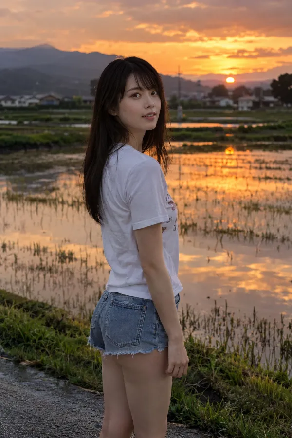 雨上がりの水田と夕焼け。水面に空が反射する田園風景。