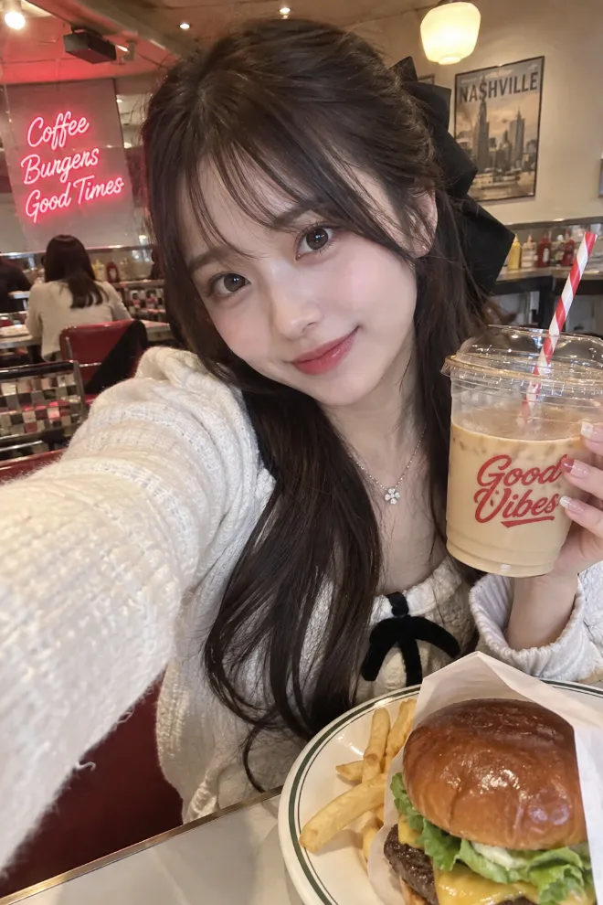 Gen ZのSNSセルフィー風。ガーリー系ファッションの20歳の日本人女性がアメリカンテイストのカフェにいる。