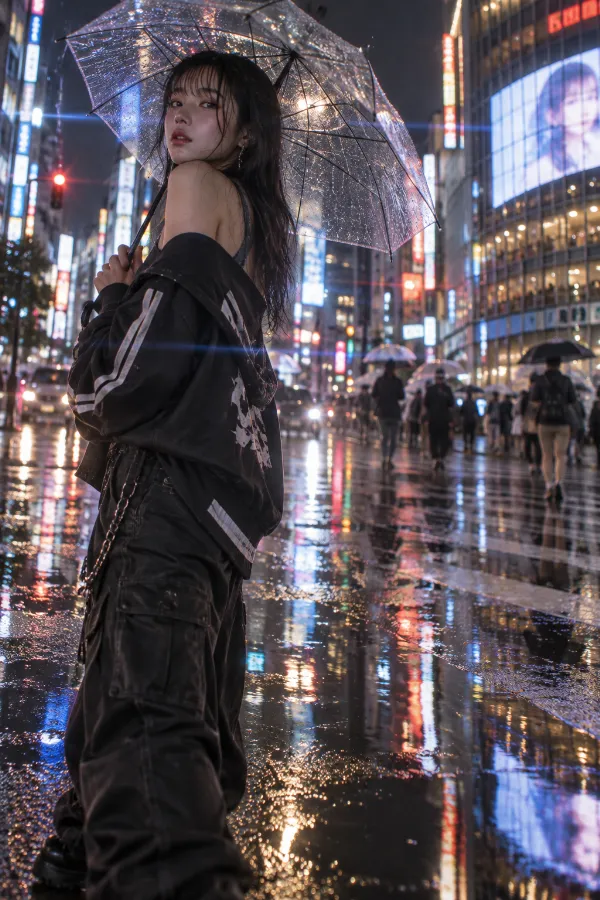 雨の夜の渋谷。水たまり、傘、街の光が重なる繁華街の写真。