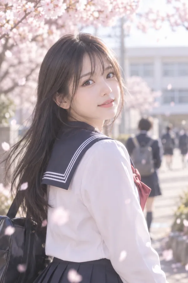 春の新学期。朝の校内と桜を背景にした制服姿の日本人女性の実写写真。