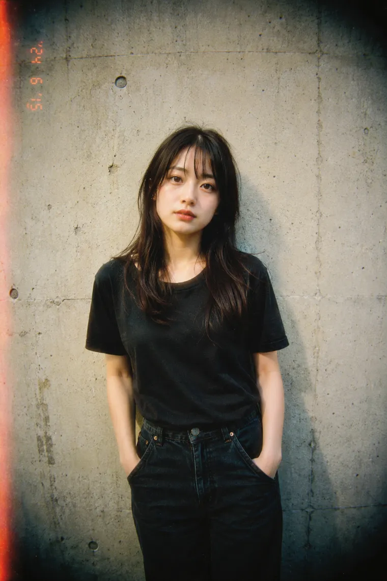 ロモフィルム風の写真。黒いTシャツ姿の20歳の日本人女性が壁の前にいる。