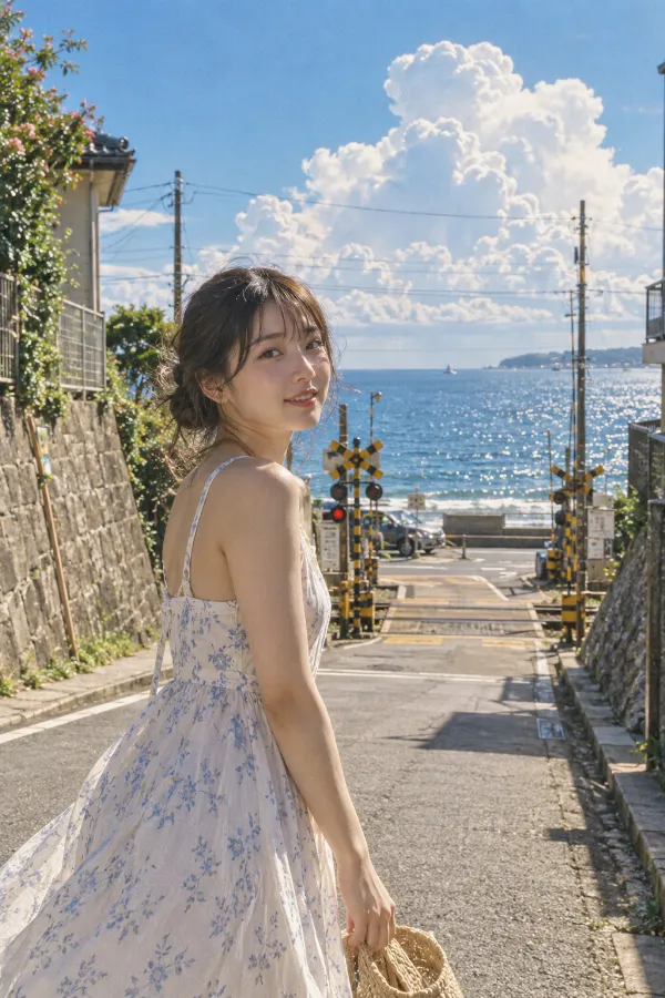 夏の海へ続く坂道と踏切。青空と入道雲が広がる海辺の写真。
