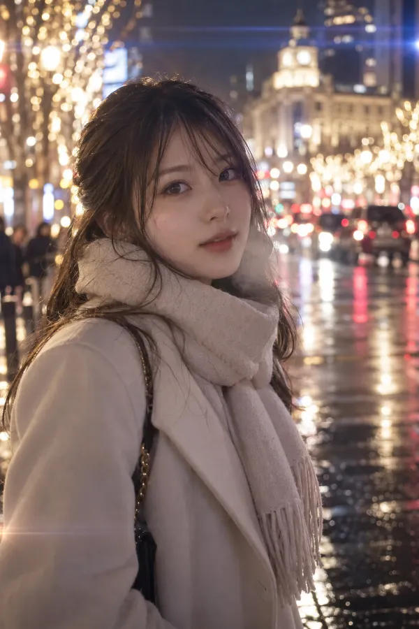 冬の夜のイルミネーション。光に包まれた街路を使った写真の背景プロンプト作例。