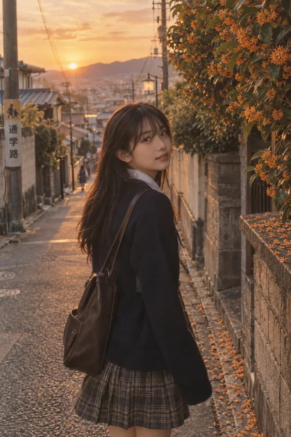 秋の帰り道。金木犀と夕暮れの光が印象的な写真の背景プロンプト作例。