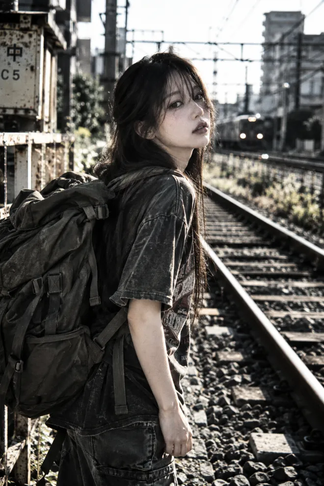 銀残し、ブリーチバイパス風の写真。ヴィンテージ系の服と大きなリュックを身につけた20歳の日本人女性が線路にいる。