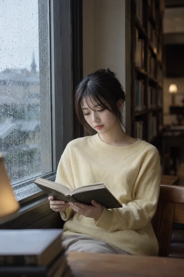 雨の日の図書館。窓際で読書する静かな室内を再現した実写プロンプト作例。
