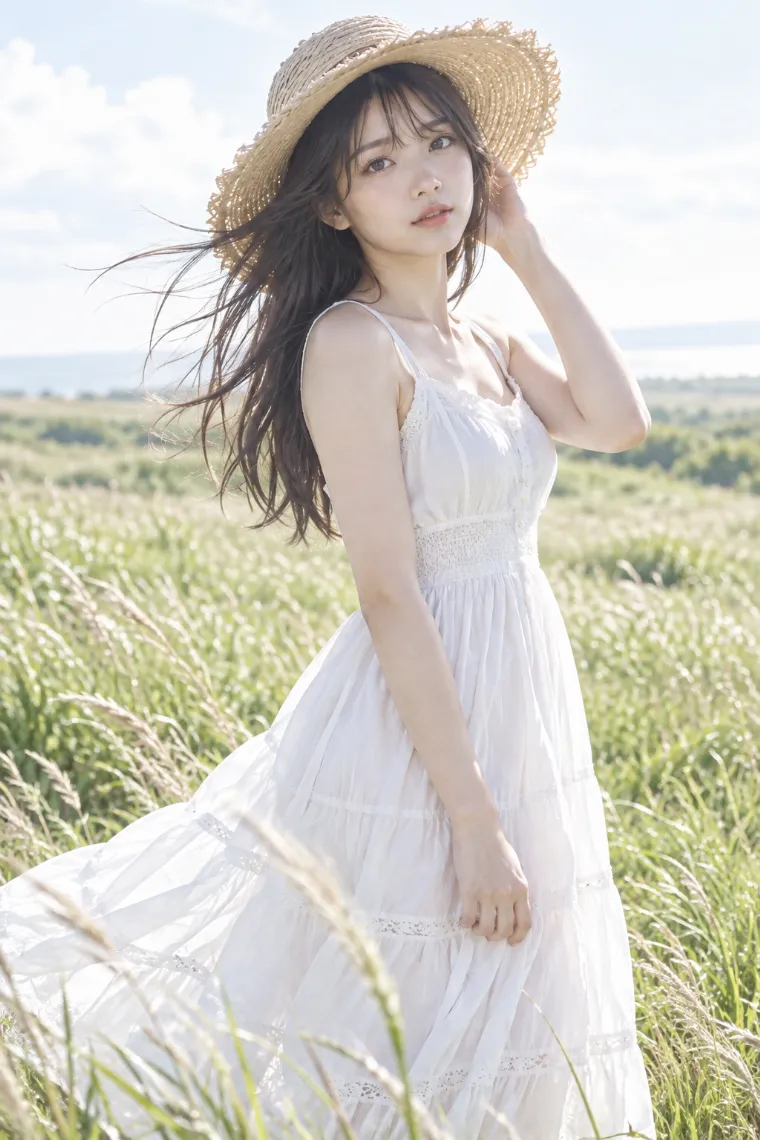 ハイキーで明るく撮影したポートレート。白いサンドレスと麦わら帽子姿の20歳の日本人女性が風の強い草原にいる。