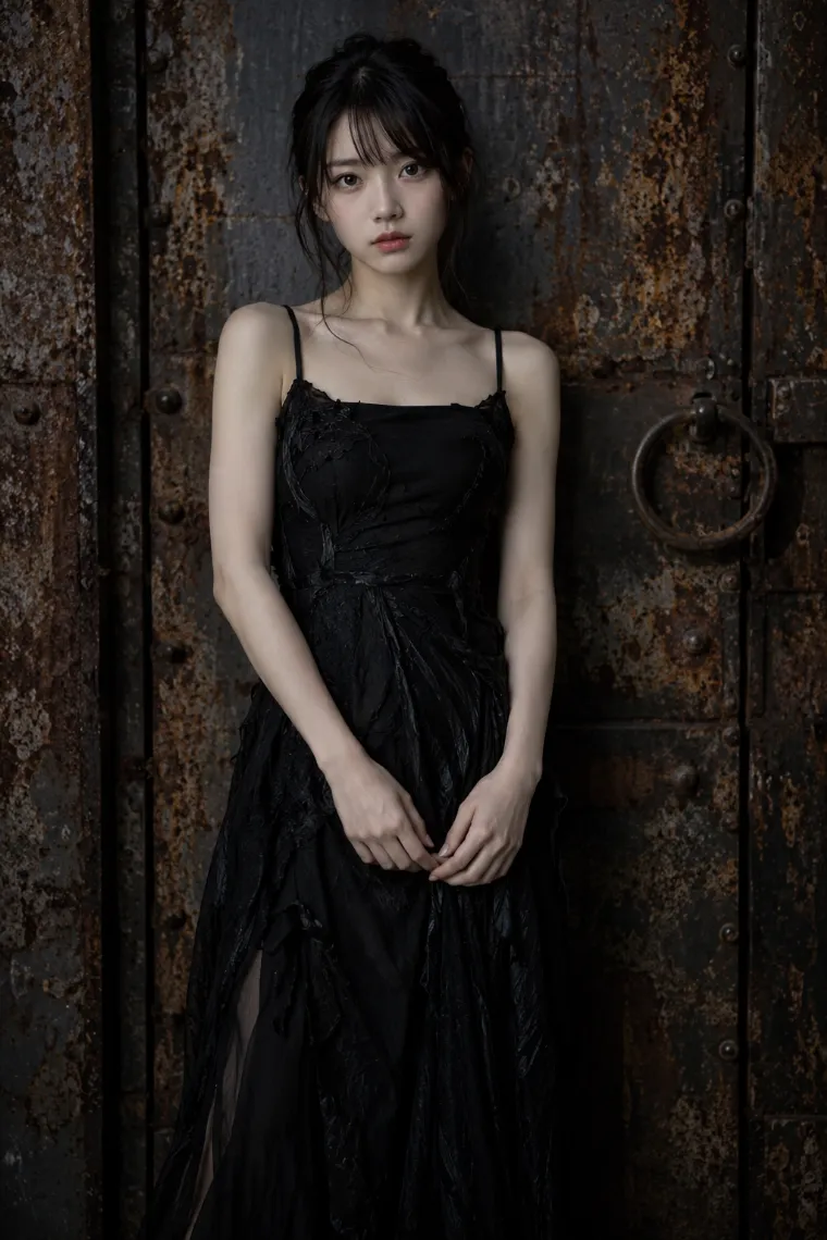 ローキーで撮影したファッションポートレート。黒いドレス姿の20歳の日本人女性が錆びた鉄の扉の前にいる。