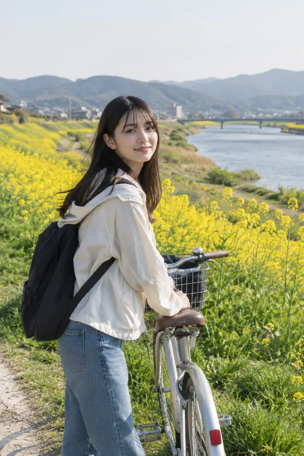 川沿いの菜の花が咲く土手。自転車のある春らしい写真の背景プロンプト作例。