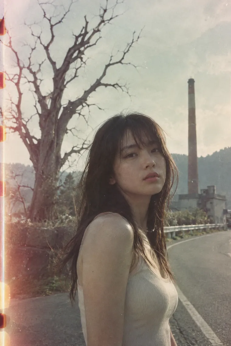 期限切れフィルムで撮影したような写真。タンクトップ姿の20歳の日本人女性が大きな枯れ木、煙突、道路のある場所にいる。