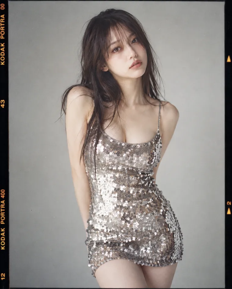 中判フィルムのポートレート風。スパンコールドレス姿の20歳の日本人女性が薄いグレーのバックペーパーの前に立っている。