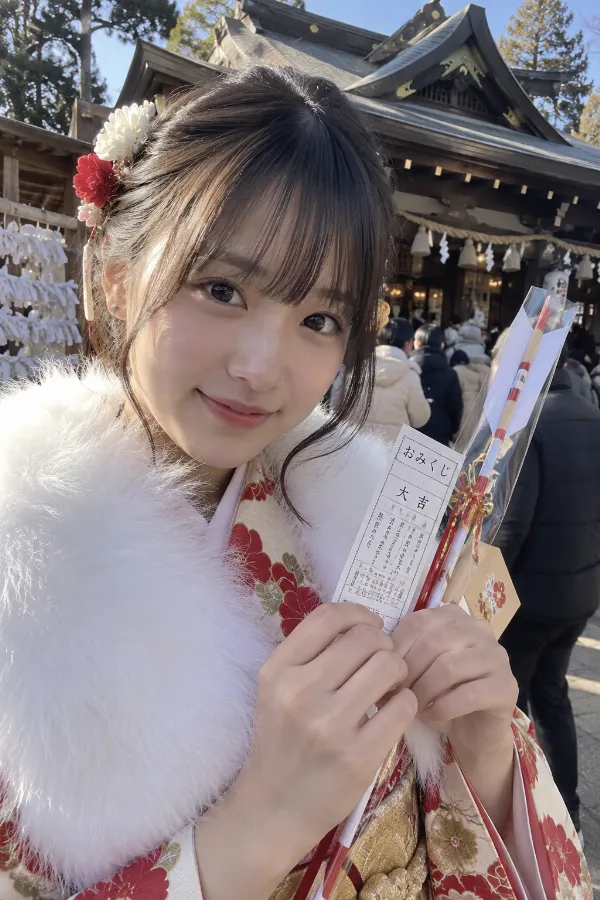 正月の神社。初詣、おみくじ、破魔矢が見える日本の年中行事の風景。
