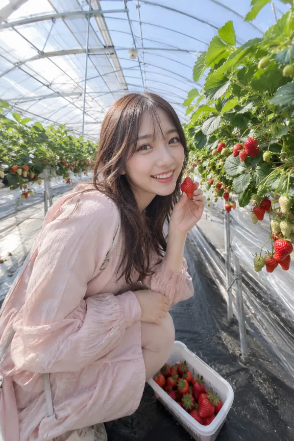 春のいちご狩り。ビニールハウスに赤いいちごが並ぶ写真の背景プロンプト作例。
