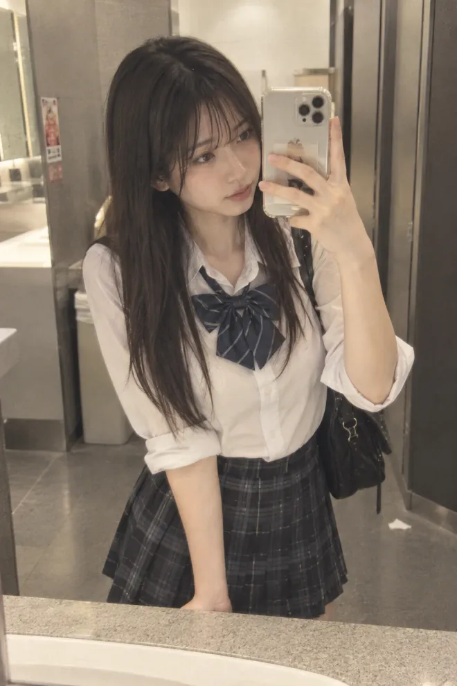 ミラーセルフィー。制服姿の20歳の日本人女性が若者向け商業ビルの化粧室で鏡越しに自撮りしている。