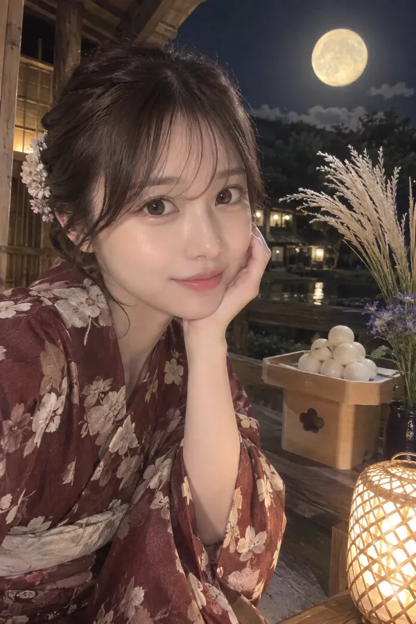十五夜の満月と月見団子。秋の月見を表現した静かな夜の写真。