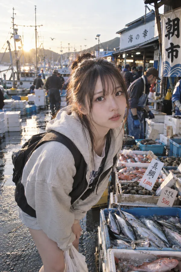 早朝の漁港。魚介類が並ぶ朝市と漁船が見える実写プロンプト作例。