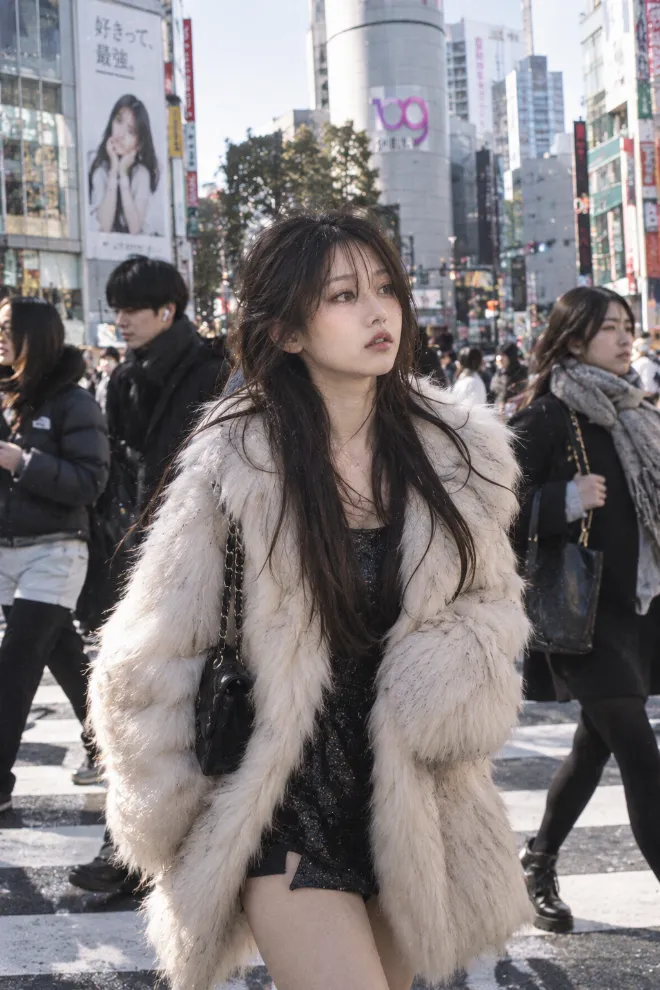 ドキュメンタリーストリート写真風。毛皮のコートを着た20歳の日本人女性が混雑する都会の交差点を横切っている。
