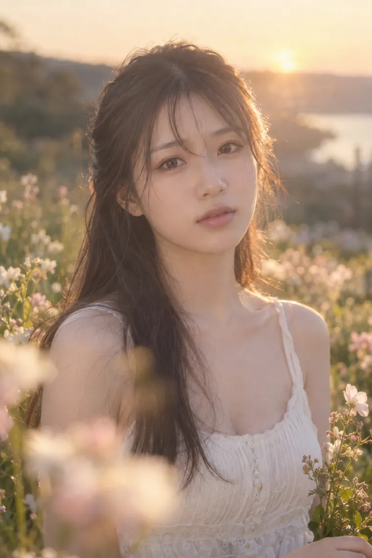 ドリーミーなソフトフォーカスポートレート。白いサンドレス姿の20歳の日本人女性を夕方の逆光と花畑の中でバストアップに捉えている。