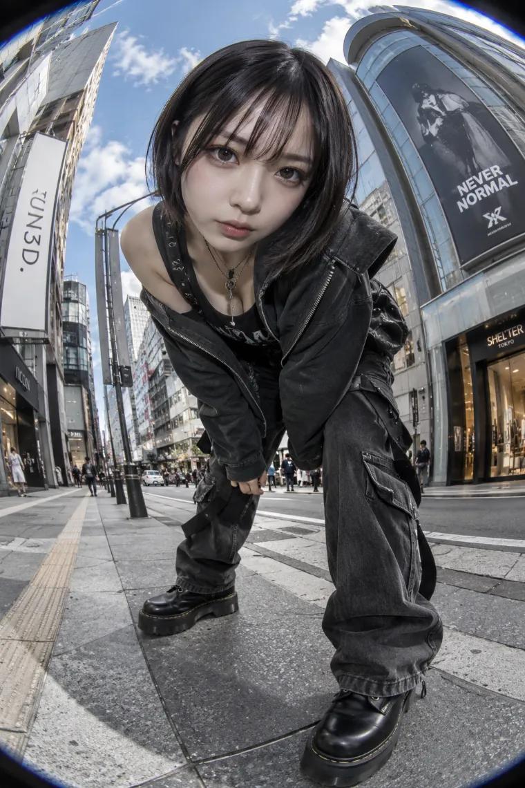 魚眼レンズで撮影したような写真。ガールクラッシュ系ファッションの20歳の日本人女性が都市で前屈みになりカメラを覗き込んでいる。