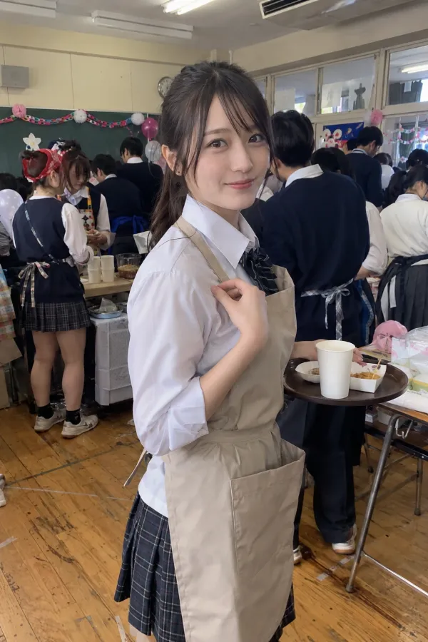 文化祭の教室。模擬店と大勢の生徒でにぎわう学校イベントの実写プロンプト作例。