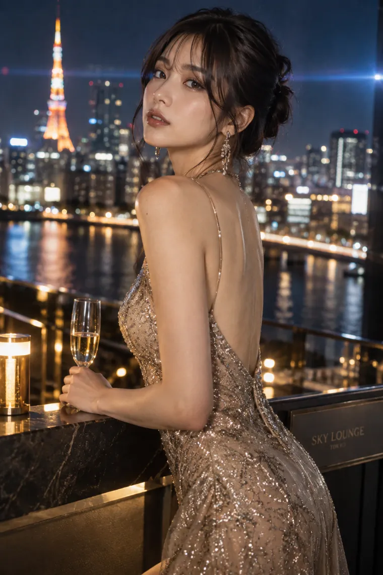 アナモルフィックレンズで撮影したような写真。豪華なパーティドレス姿の20歳の日本人女性と夜景を映画的に捉えている。