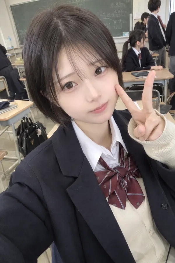 学校の教室。消えかけた黒板の文字、机に掛かった鞄、生徒たちが写る日常風景。