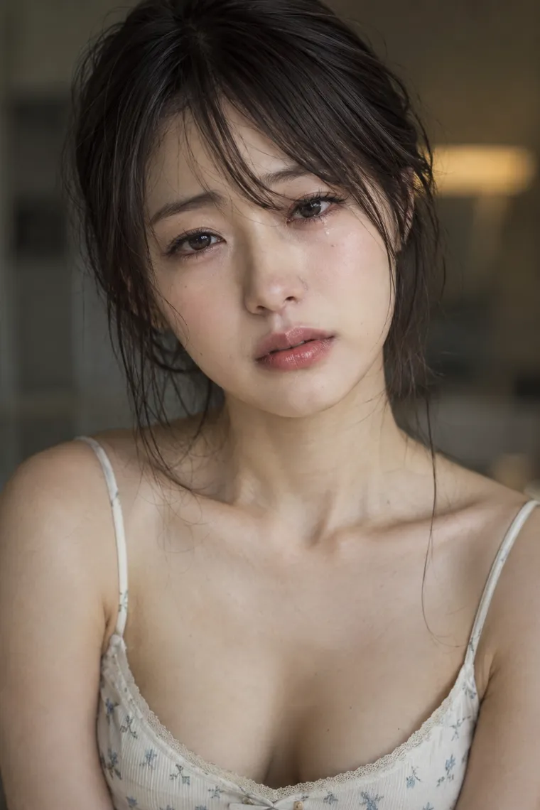85mm望遠レンズの圧縮感を生かしたポートレート。スパゲッティストラップ姿の20歳の日本人女性が真正面で首を傾げ、わずかな涙を浮かべたアンニュイな表情を見せている。