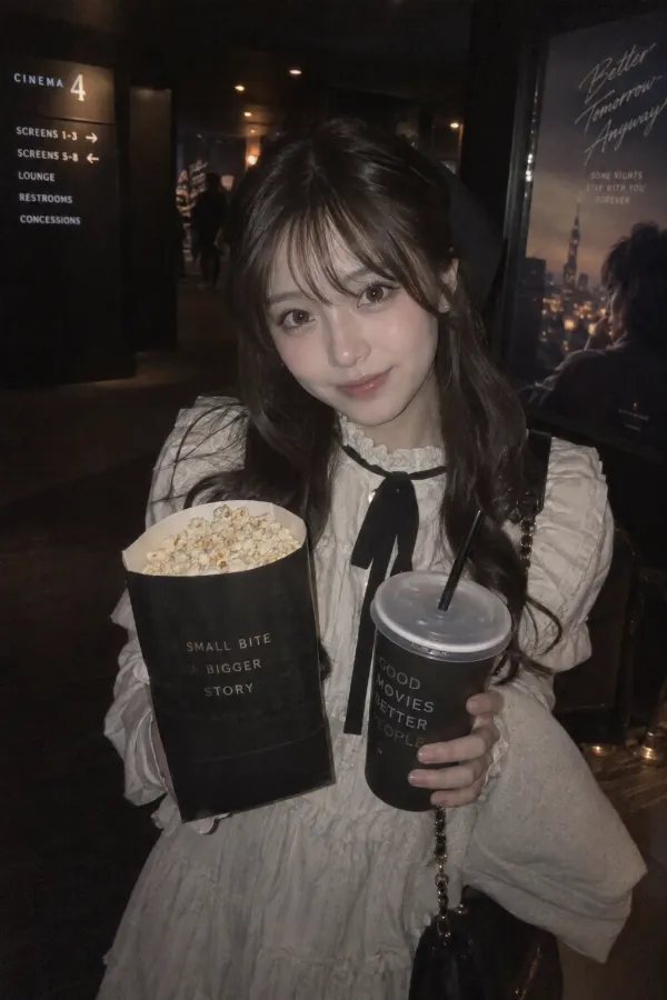 映画館の暗いロビー。ポップコーンとドリンクを持つ来場者がいる実写プロンプト作例。