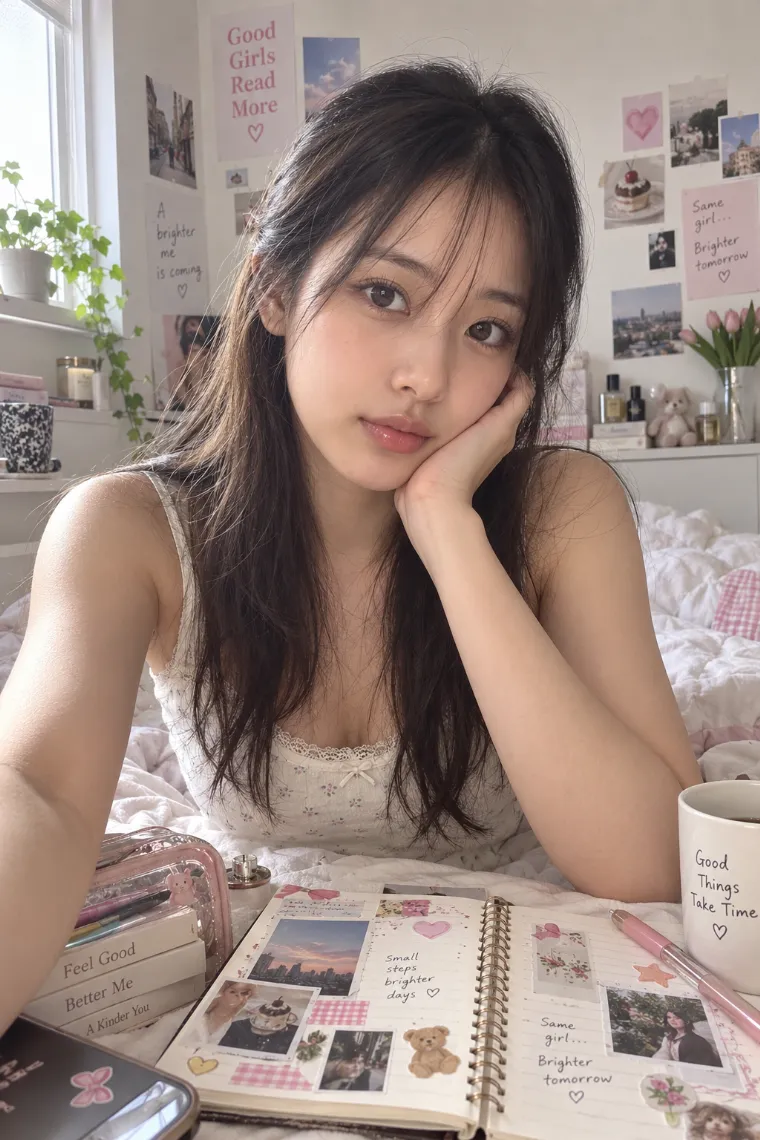 TikTokのガール日記風写真。20歳の日本人女性を若い世代のSNS日記のような雰囲気で捉えた写真。