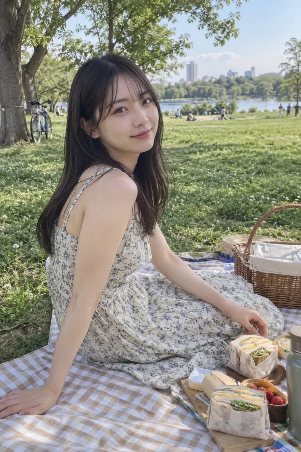 公園の芝生でのピクニック。レジャーシート、サンドイッチ、バスケットが並ぶ写真。