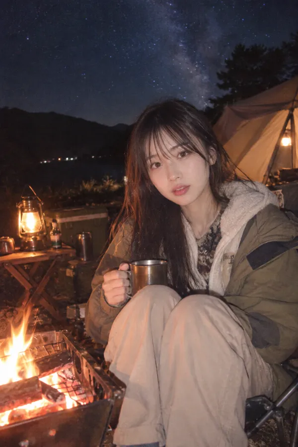 星空のキャンプ場。テント、焚き火、ランタンを組み合わせた夜の実写プロンプト作例。