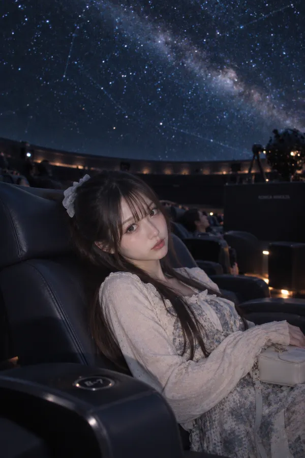 暗いプラネタリウム。ドームいっぱいの星空投影とリクライニングシートが並ぶ室内。