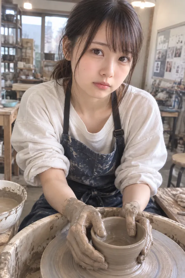 陶芸教室。ろくろ、粘土、作業台が並ぶものづくり体験の実写写真。