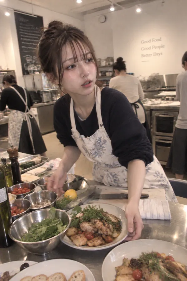 料理教室。調理台、並んだ材料、完成した料理が見える室内風景。