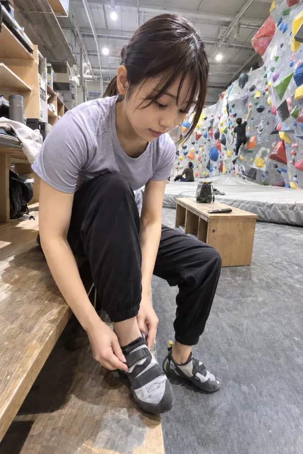 ボルダリングジム。カラフルなホールドとレンタルシューズが並ぶ屋内施設。