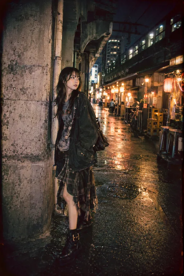 高架下の飲み屋街。コンクリート柱と小さな飲食店の灯りが並ぶ夜の実写背景。