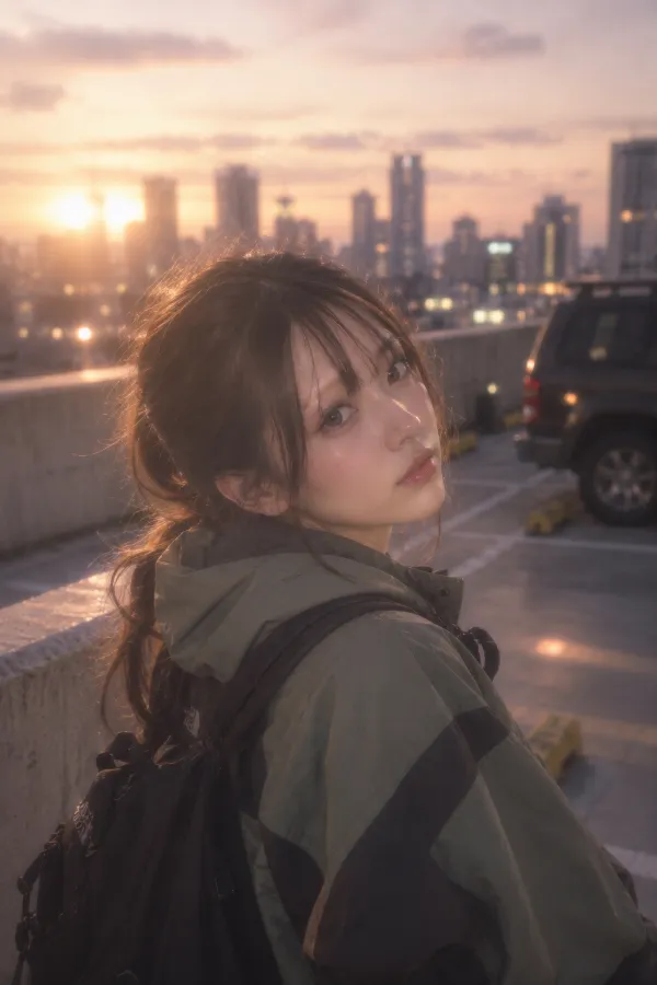 夕暮れの屋上駐車場。停車中の車とビル群が見える写真の背景プロンプト作例。